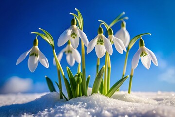 Silhouette of Snowdrops Emerging from Snow Under a Clear Blue Sky, Symbolizing the Arrival of Spring with Copy Space for Text, Macro Photography