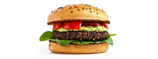 A hearty veggie burger with a black bean patty, roasted red peppers, spinach