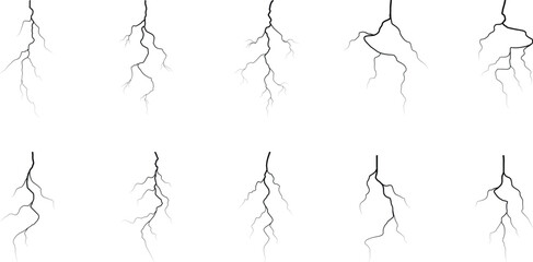 Vector lightning silhouettes set. Thunderstorm design. Vector illustration