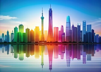 Obraz premium Silhouette Photography of Guangzhou City Skyline with Gradient Line Art of Buildings, Customizable Opacity Mask for Unique Composition and Background Fill