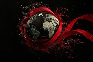 'World AIDS Day' Text with Artistic Globe Wrapped in a Red Ribbon, Symbolizing Global Solidarity