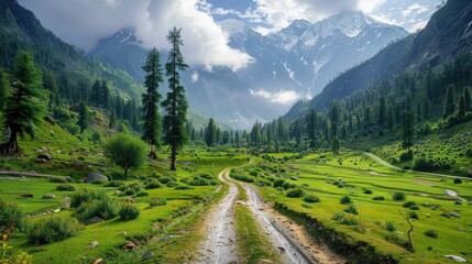 Obraz premium A tranquil unpaved road immersed in the serene beauty of lush green Fairy Meadows, surrounded by peaceful nature. 