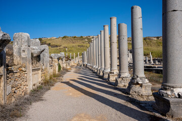 Fototapeta premium Rows of columns in Perge, Antalya, Turkey. Remains of colonnaded street in Pamphylian ancient city.Rows of columns in Perge, Antalya, Turkey. Ancient Kestros Fountain. Aksu, Antalya