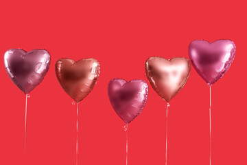 Beautiful heart-shaped balloons on red background. Valentine's Day celebration