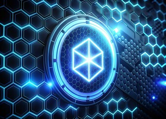 Naklejka premium Smart Contract Illuminated Neon Design on Dark Hexagonal Background with High-Tech Digital Interface Featuring Futuristic Blue and Black Elements for Blockchain Technology