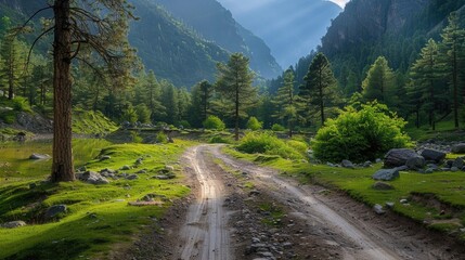 A tranquil unpaved road immersed in the serene beauty of lush green Fairy Meadows, surrounded by peaceful nature. 