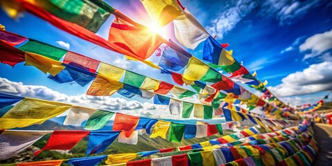 Fototapeta premium Soft Focus Prayer Flags Dancing in the Breeze Against a Vibrant Blue Sky, Capturing the Essence of Tranquility and Spirituality in Nature's Embrace