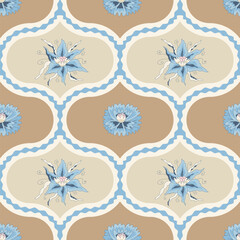 Indian chintz ogee seamless pattern. Modern flower damask endless background. Floral repeat farmhouse continuous ornament. Surface pattern digital textile. Vector classic design wildflower motif.