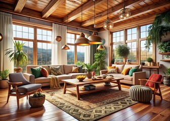 Fototapeta premium Spacious Boho Scandinavian Interior Featuring Unique Seating, Wooden Accents, and a Cozy Atmosphere Perfect for Relaxation and Modern Living - 3D Rendered Design Inspiration