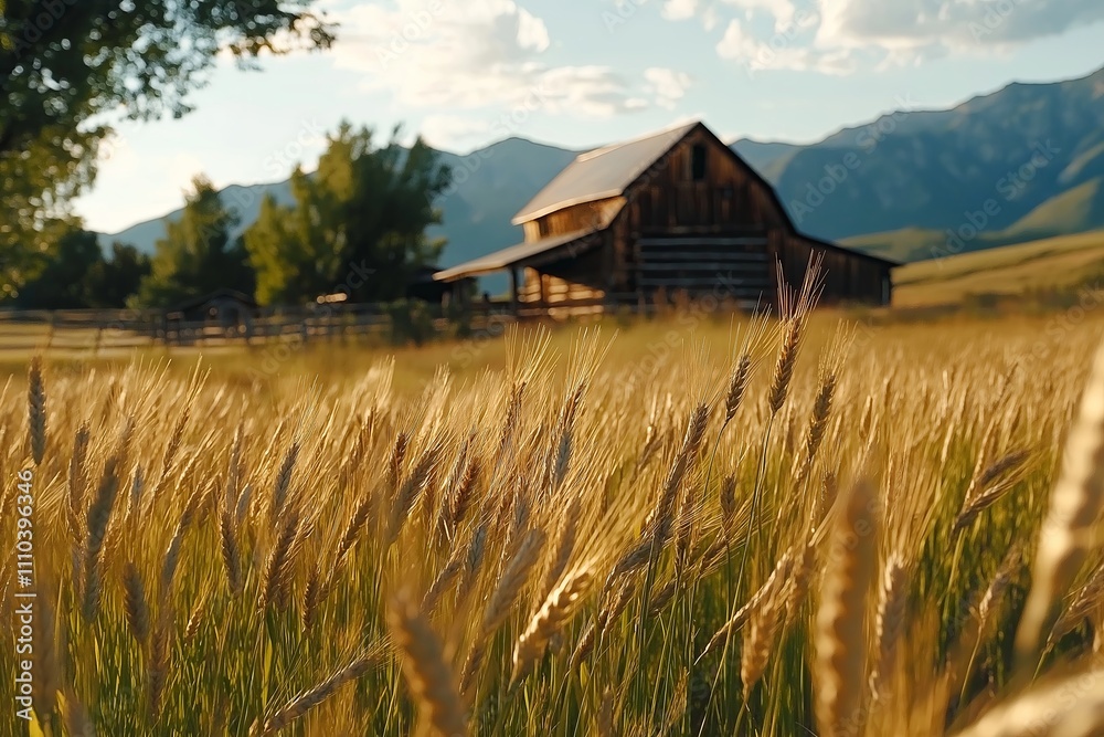 Poster a golden wheat field swaying in the wind, with a rustic barn in the distance.