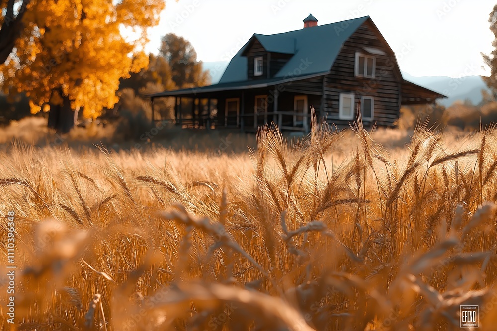 Poster a golden wheat field swaying in the wind, with a rustic barn in the distance.