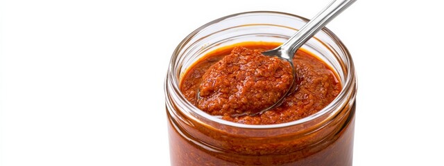 A jar of spicy harissa paste with a spoon, isolated white background, hyperrealism art style