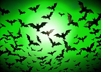 Obraz premium Spooky Silhouette of a Flock of Bats Flying Against a Green Screen Background for Chroma Key Effects, Perfect for Halloween and Cinematic Projects