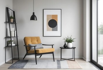 Interior of light living room with armchair, table and plants