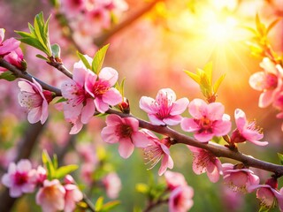 Fototapeta premium Spring Nectarine Peach Blossom on a Sunny Day: Captivating Close-up of Vibrant Flowers on a Branch, Showcasing Nature's Beauty in Full Bloom with Lush Greenery and Sunlight