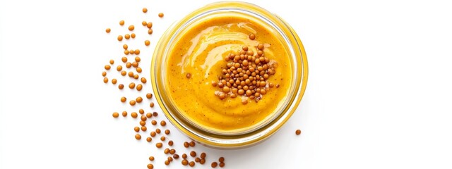 A jar of sweet honey mustard sauce with mustard seeds, isolated white background, pop art style