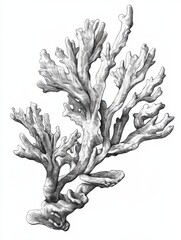 Coral sketch. Natural corals sketching, black engraving ocean reef flora. Seaweed branch, vintage underwater life exact collection