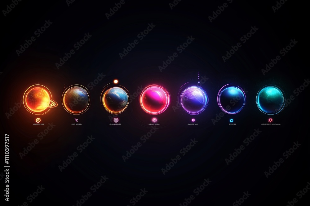 Poster a minimalist solar system illustration with each planet glowing softly in its respective color