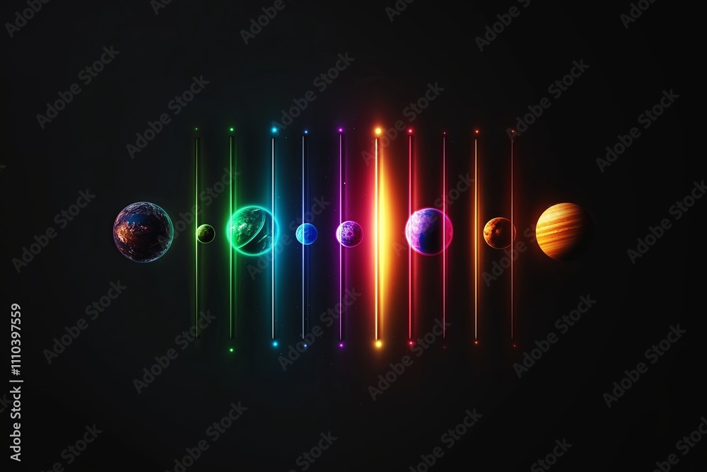 Poster a minimalist solar system illustration with each planet glowing softly in its respective color