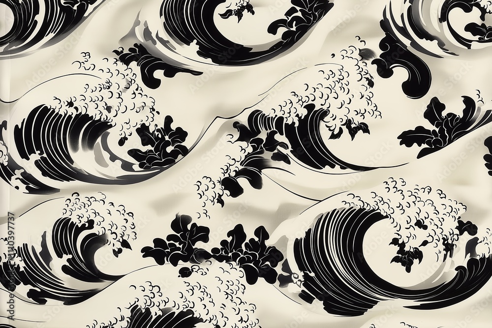 Poster A monochrome wave pattern resembling Japanese woodblock prints on a soft gray background