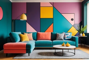 Colorful abstract painting above grey couch with pillows in scandinavian design interior