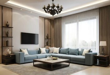 Fototapeta premium 3D rendering, spacious living room design of modern residence, with sofa, tea table, decorative painting, etc