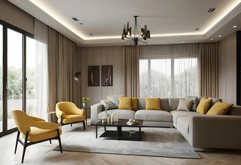 Fototapeta premium 3D rendering, spacious living room design of modern residence, with sofa, tea table, decorative painting, etc