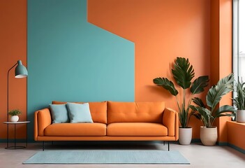 Orange living room and orange wall background light grey sofa and avangard white door. Modern home decoration brown parquet and carpet design.