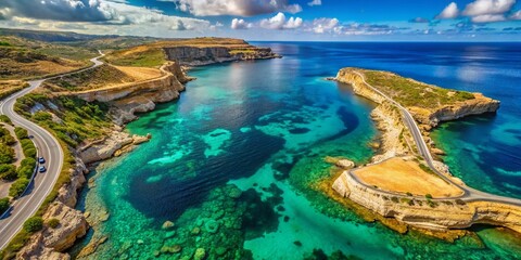 Stunning Aerial View of Mistra Bay in Malta Showcasing Emerald Waters, Vibrant Corals, and a Scenic Coastal Road in High-Quality 4K Footage Perfect for Nature and Travel Enthusiasts