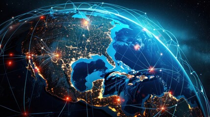 Abstract globe focusing on North America, depicting technology and economic concepts,