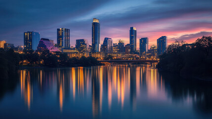 Fototapeta premium Cityscapes and reflections on the water at dusk during the Christmas and New Year festivals.