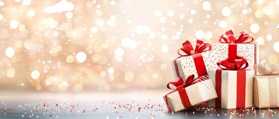 Fototapeta premium Festive Christmas Gift Boxes with Red Ribbons on a Beautiful Bokeh Background of Holiday Lights