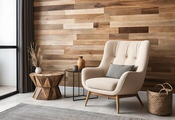 Wicker armchair with table and glowing lamp near wooden wall