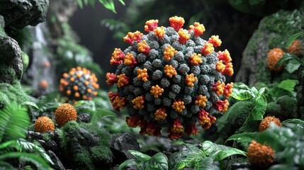 Fototapeta premium Coronavirus particle with vibrant red and orange spikes highlighted in a tropical forest setting, perfect for conceptual posters, educational visuals, and virology campaigns.