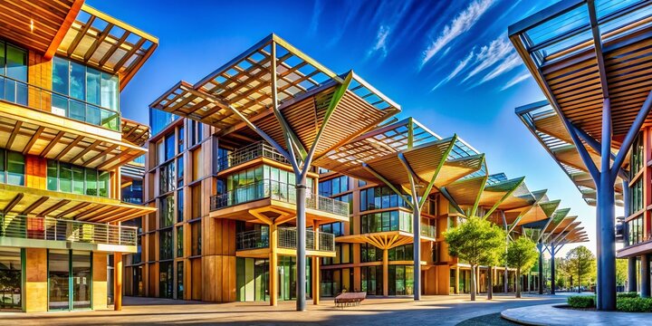Stunning Architectural Photography Showcasing Unique Timbas Structures in Urban Landscapes with Vibrant Colors and Intricate Designs, Perfect for Modern Design Enthusiasts and Architects