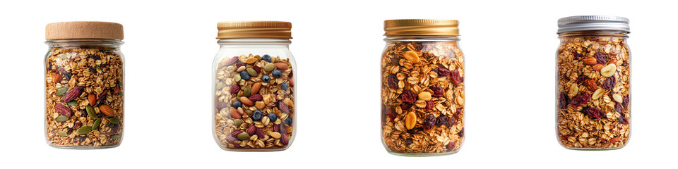 Fototapeta premium Homemade granola in a glass jar a healthy and delicious snack or breakfast food packed with wholesome ingredients like oats nuts dried fruits and sweetened with honey