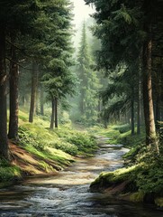 Obraz premium Forest scene with river and many trees illustration