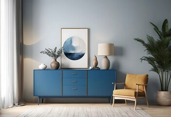 Contemporary design of living room interior with mock up poster frame, blue velvet armchair, commode, beige carpet, leaf in vase and personal accessories. Creative home decor. Template.