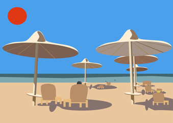 Beach with umbrellas and chairs. Vector illustration in flat style