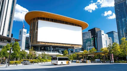 A modern building with a large blank billboard, surrounded by greenery and transport, under a bright blue sky.