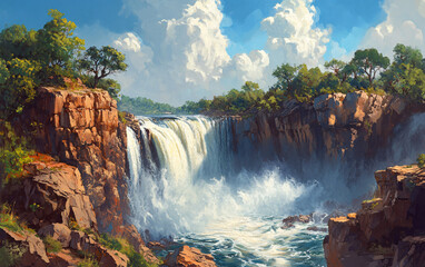Fototapeta premium Scenic Waterfall Cascading into a Serene Pool, Surrounded by Lush Greenery and Vibrant Natural Landscapes, Highlighting the Tranquility of Nature