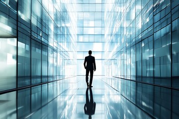Fototapeta premium Businessman walking in modern glass corridor. Concept of leadership, vision, and future.
