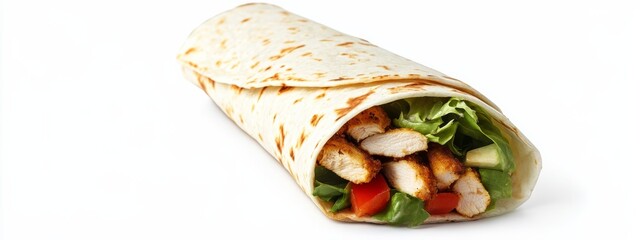 A Mediterranean-style chicken shawarma wrap with tahini sauce, isolated white background, minimalist art style