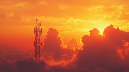 Telecommunications tower at sunset, fiery sky.