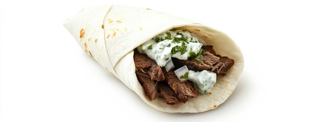 A Mediterranean-style lamb gyro with tzatziki sauce and onions, isolated white background, minimalist art style