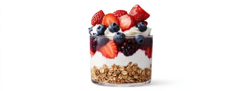 A mixed berry parfait with layers of Greek yogurt, fresh strawberries, blueberries
