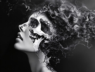 Haunting Artistic Portrait of a Woman with Skeletal Facial Features, Blending Surrealism and Gothic Aesthetic in Black-and-White Tones