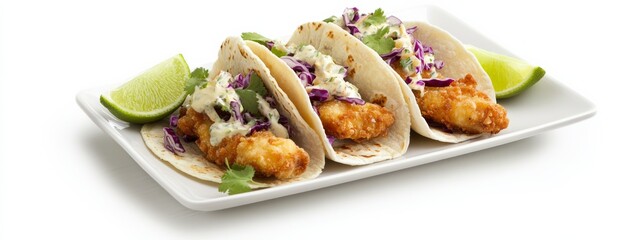 A plate of crispy fish tacos with cabbage slaw and lime wedges, isolated white background, minimalistic art style