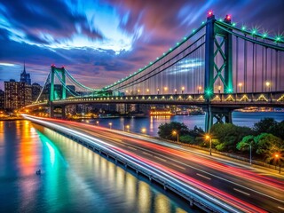 Obraz premium Stunning Night Photography of Light Trails on the RFK Bridge in NYC, Capturing the Vibrant Energy of Urban Life with Brilliant Colors and Dynamic Motion, Perfect for Cityscapes and Travel Themes