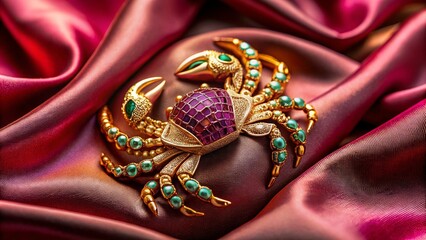Stunning Ornate Crab Brooch Displayed on Luxurious Silk Fabric, Showcasing Intricate Details and Vibrant Colors in a High Depth of Field Setting